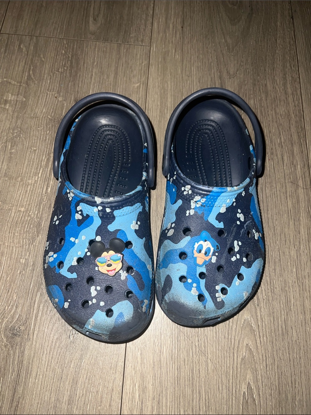 Kids Blue Camo Slip-On Crocs with Disney Cartoon Charms